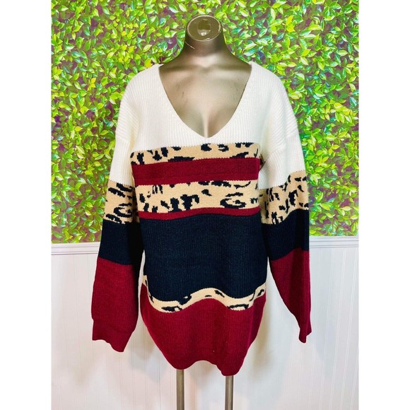 Brand New Burgandy Leopard Colorblock Sweater Size Large Modern Chic - Picture 1 of 1